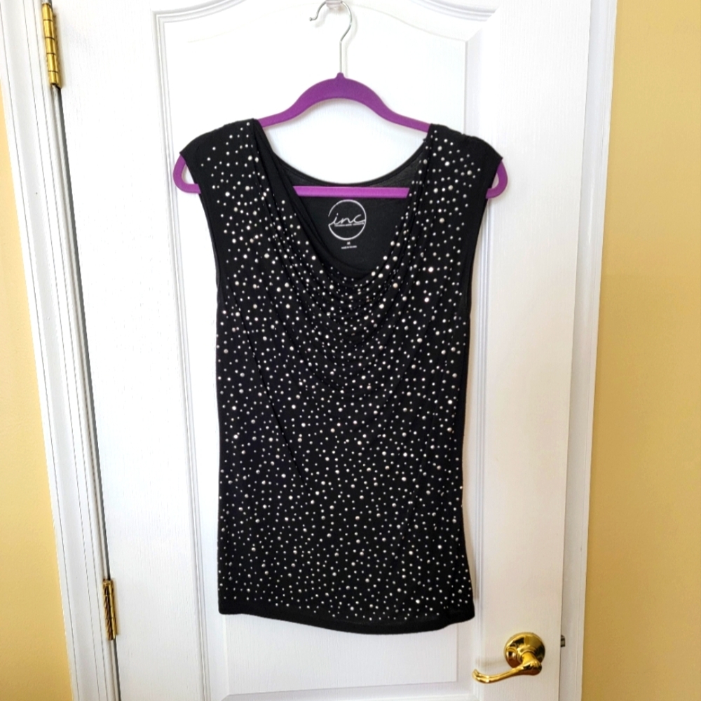 INC International Concepts Black Sleeveless Embellished Top